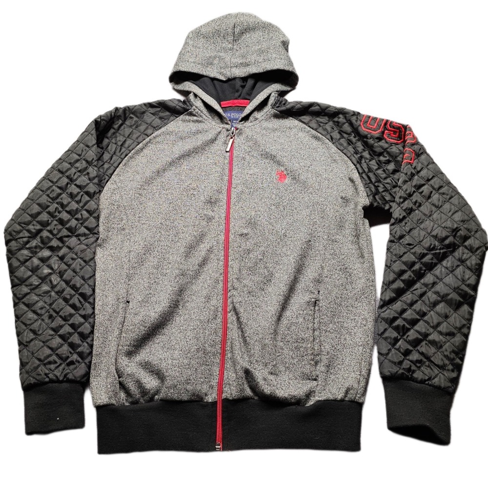 US. Polo Assn. Hoodie Mens XL Gray Quilted Sleeves Ribbed Hem & Cuff Full Zip